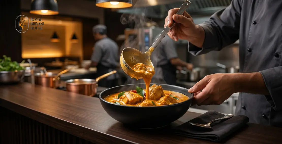 Chef serving fresh coconut curry chicken in a luxury Indian restaurant kitchen