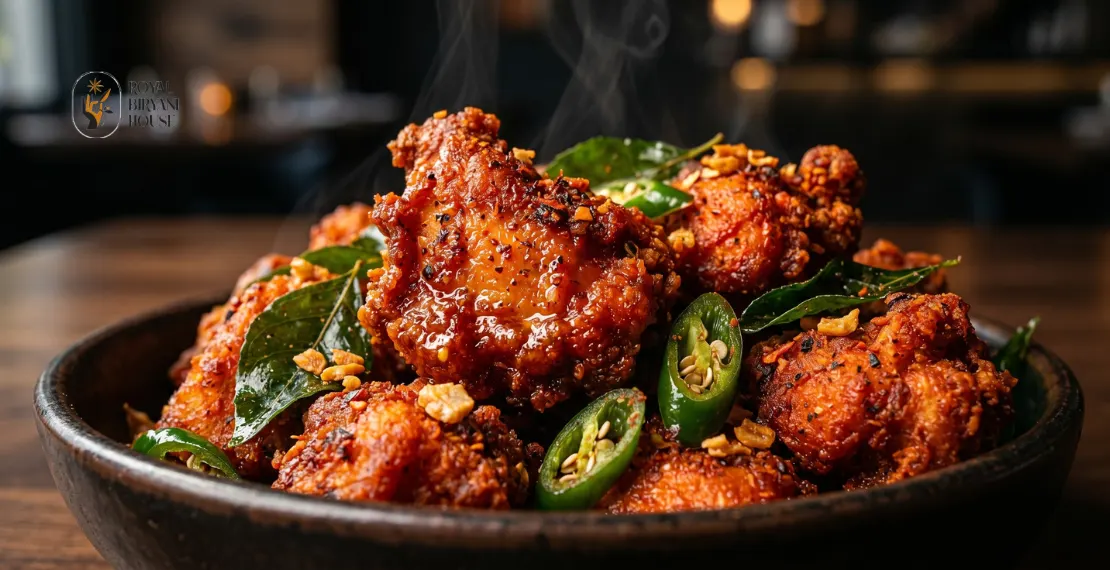 Close-up of crispy spicy Chicken 65 with curry leaves and chilies
