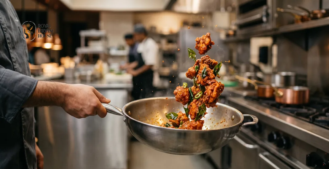 Chef tossing spicy Chicken 65 in a restaurant kitchen