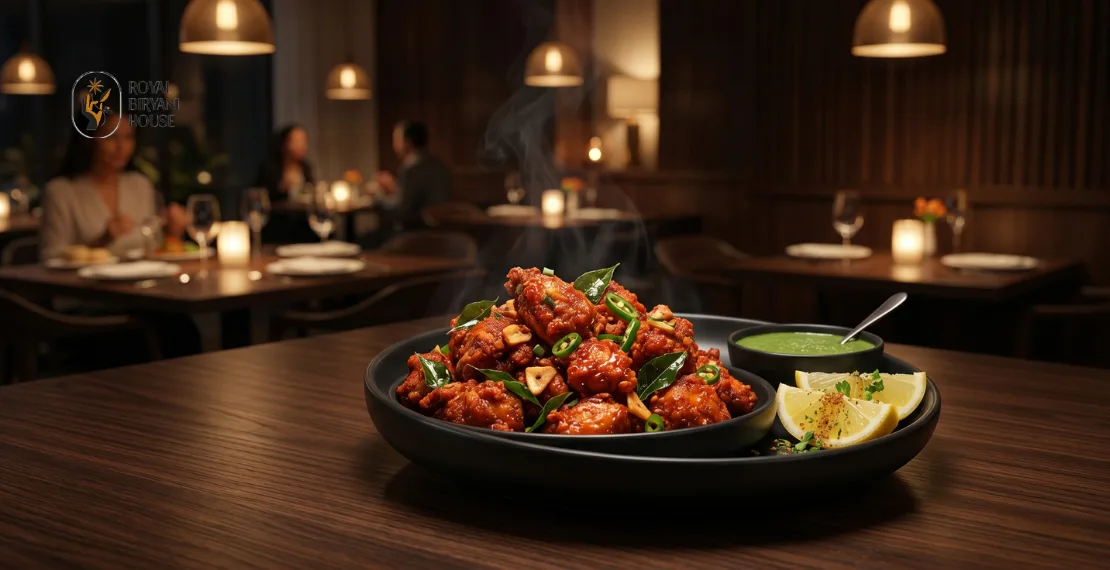 Chicken 65 served with chutney and lemon wedges at an Indian restaurant