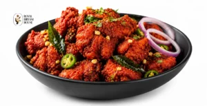 Crispy spicy Chicken 65 served in a black bowl on a white background