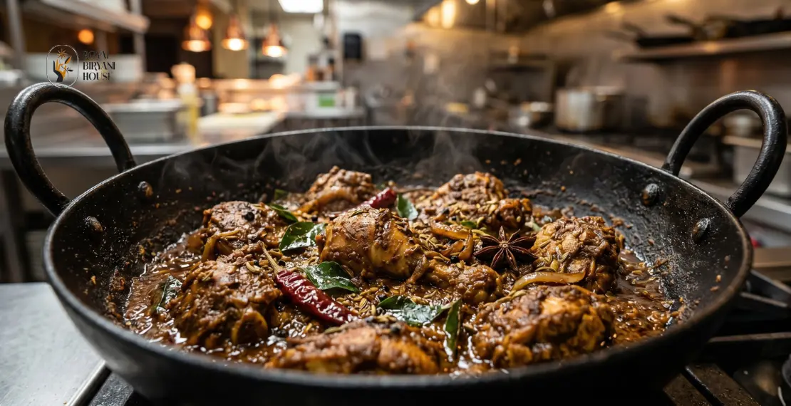 Authentic Chicken Chettinad cooking with roasted South Indian spices in a restaurant kitchen