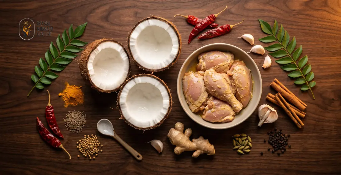 Fresh ingredients used for coconut curry chicken including coconut spices chicken and curry leaves