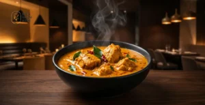 Authentic South Indian coconut curry chicken served in a black bowl at an upscale restaurant in Lake Stevens WA