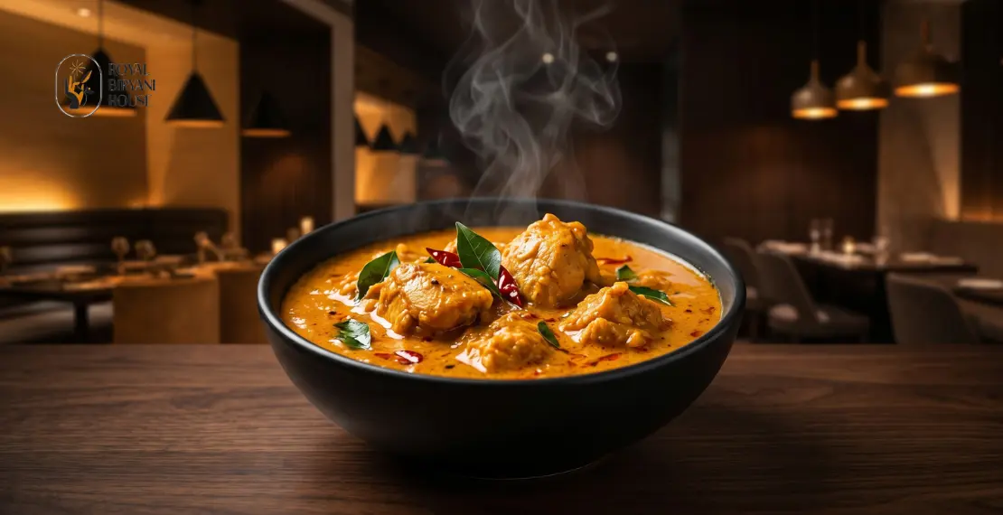 Authentic South Indian coconut curry chicken served in a black bowl at an upscale restaurant in Lake Stevens WA