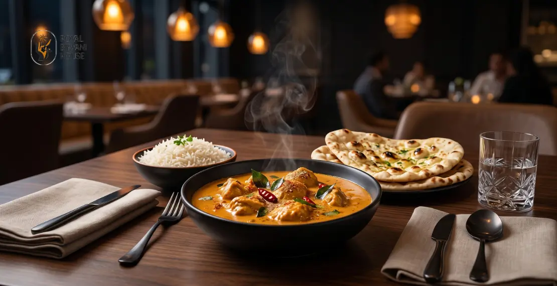 Coconut curry chicken served with basmati rice and naan bread in an upscale Indian restaurant