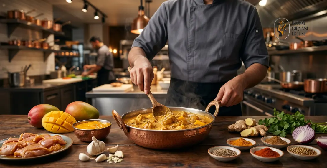 Chef preparing mango chicken curry with fresh mangoes and Indian spices in a modern restaurant kitchen