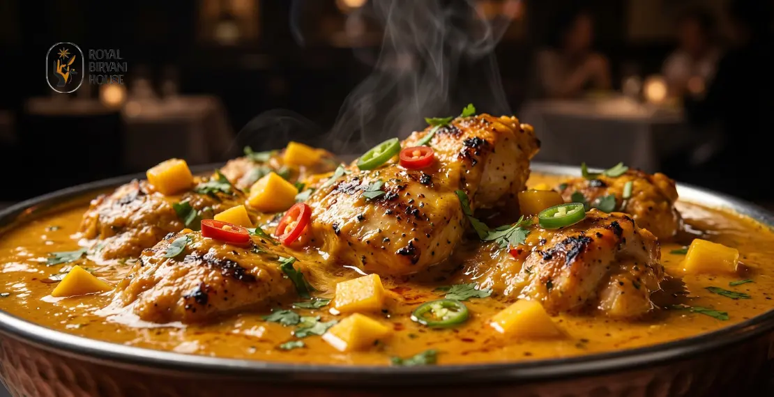 Close-up of creamy mango chicken curry with tender grilled chicken pieces