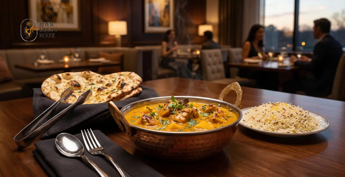 Mango chicken curry served with naan and basmati rice at an upscale Indian restaurant